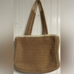 The Sak Tan Beige Crochet Shoulder Bag Boho Knit Purse Pockets Zipper Lagenlook
